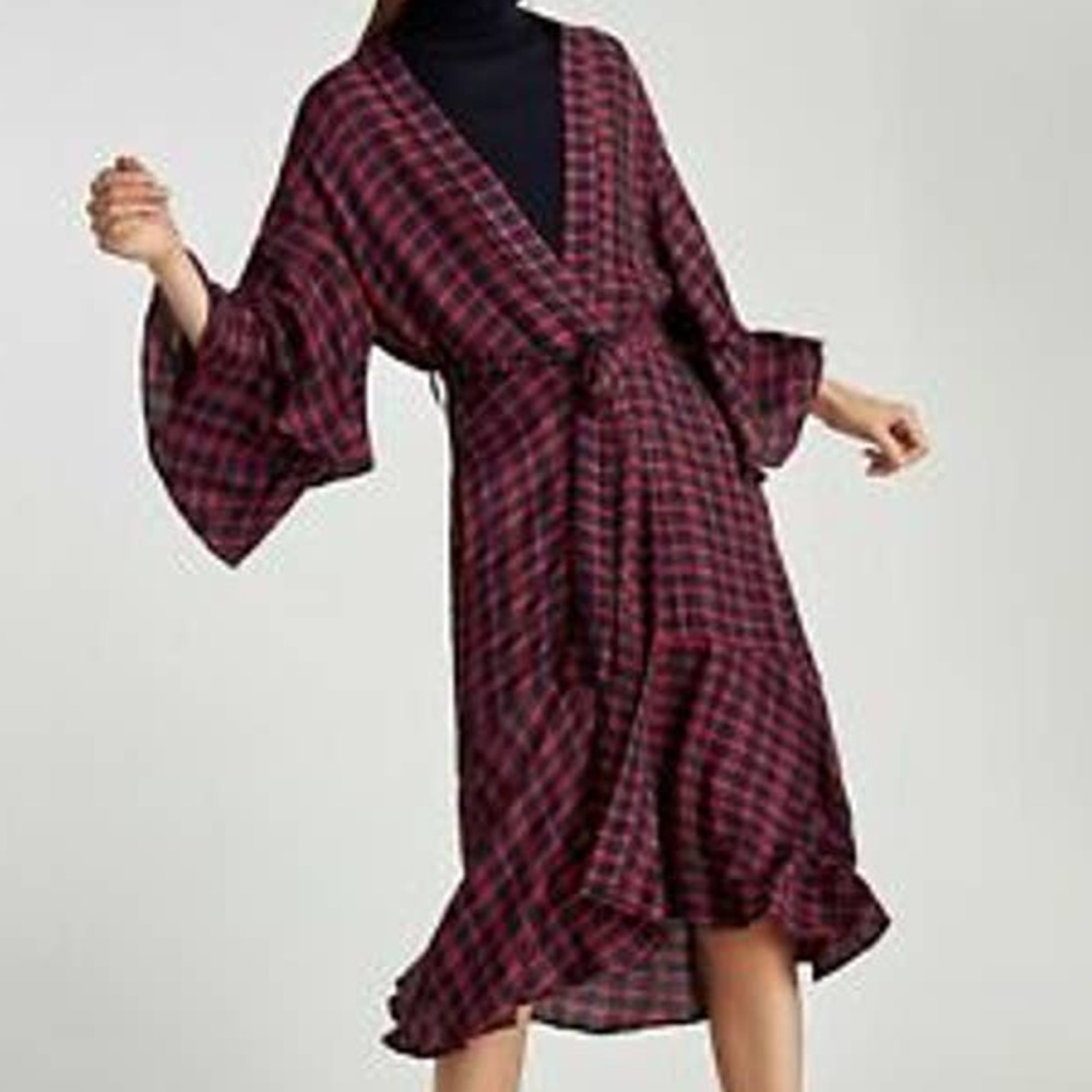 ZARA Basic outerwear red black checkered ruffle sleeve cardigan kimono XS-S